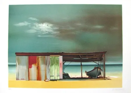 Lithografie Battut - Baraque sur la plage