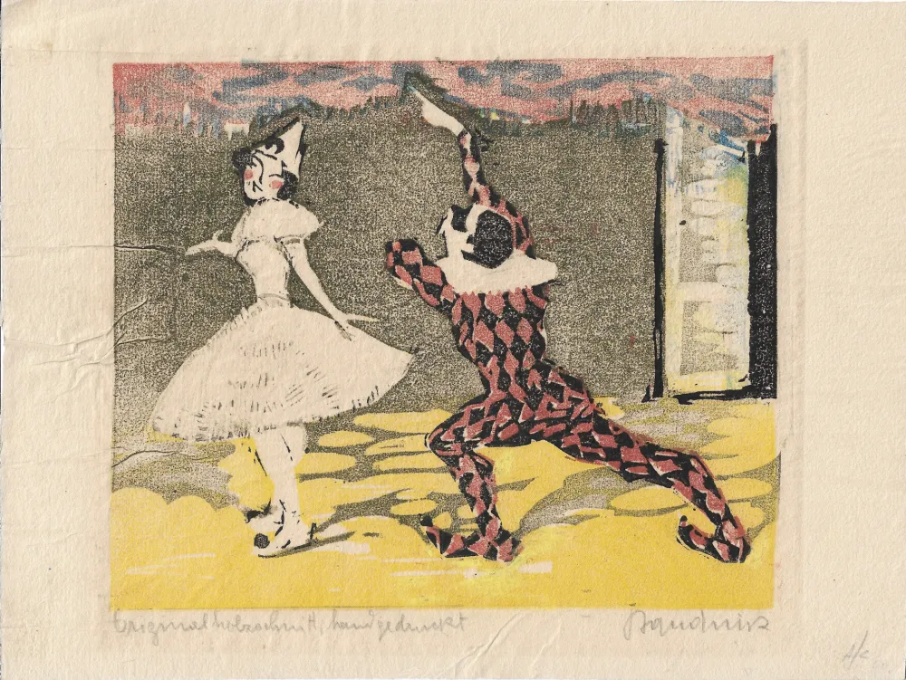 Houtsnede Baudnik - Harlequin & Columbine