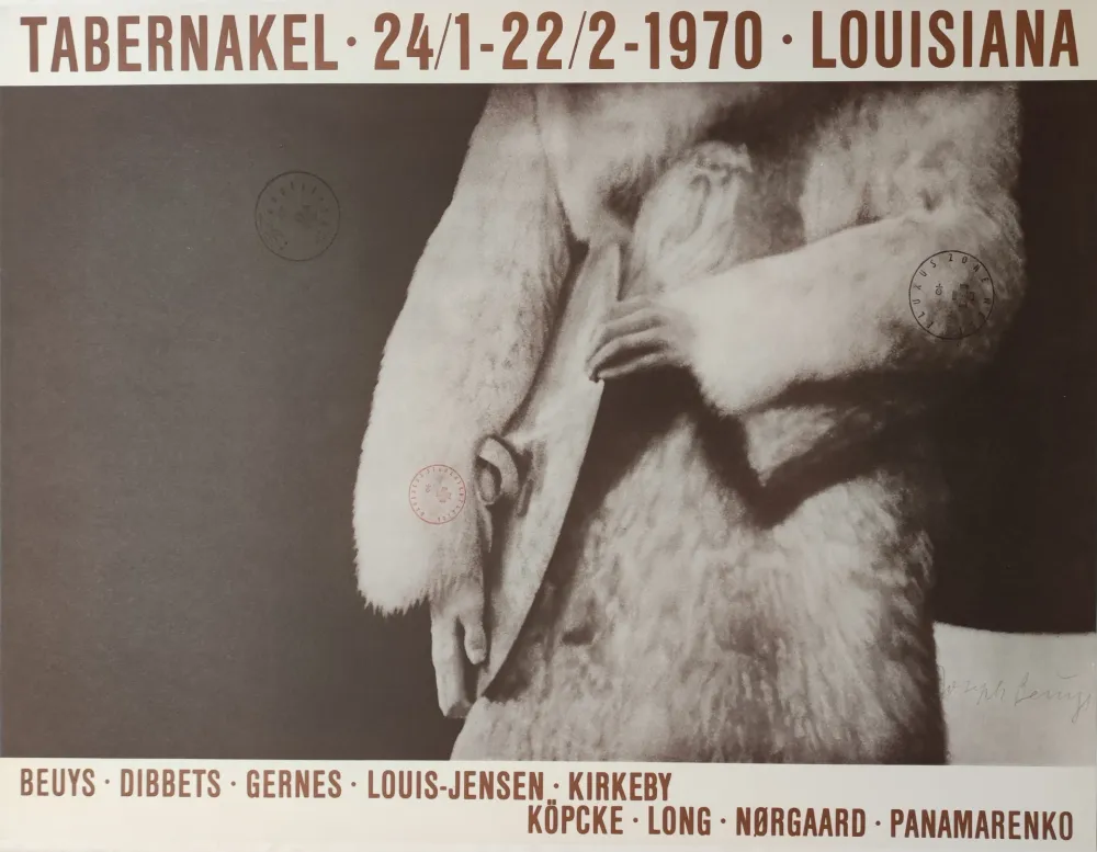 Zeefdruk Beuys -  „Tabernakel  · 24/1-22/2-1970 · Louisiana. Beuys · Dibbets  · Gernes · Louis-Hen- sen  · Kirkeby. Köpcke  · Long  · Norgard ·Panamarenko.“ 