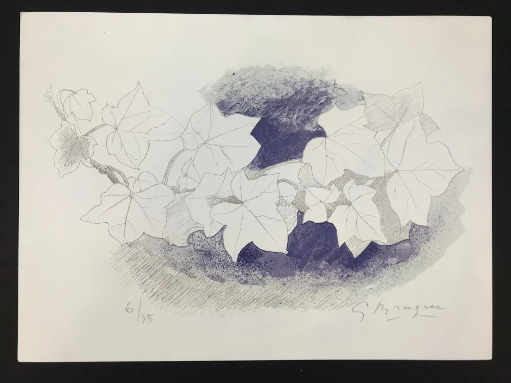 Lithografie Braque - Feuilles sur fond bleu