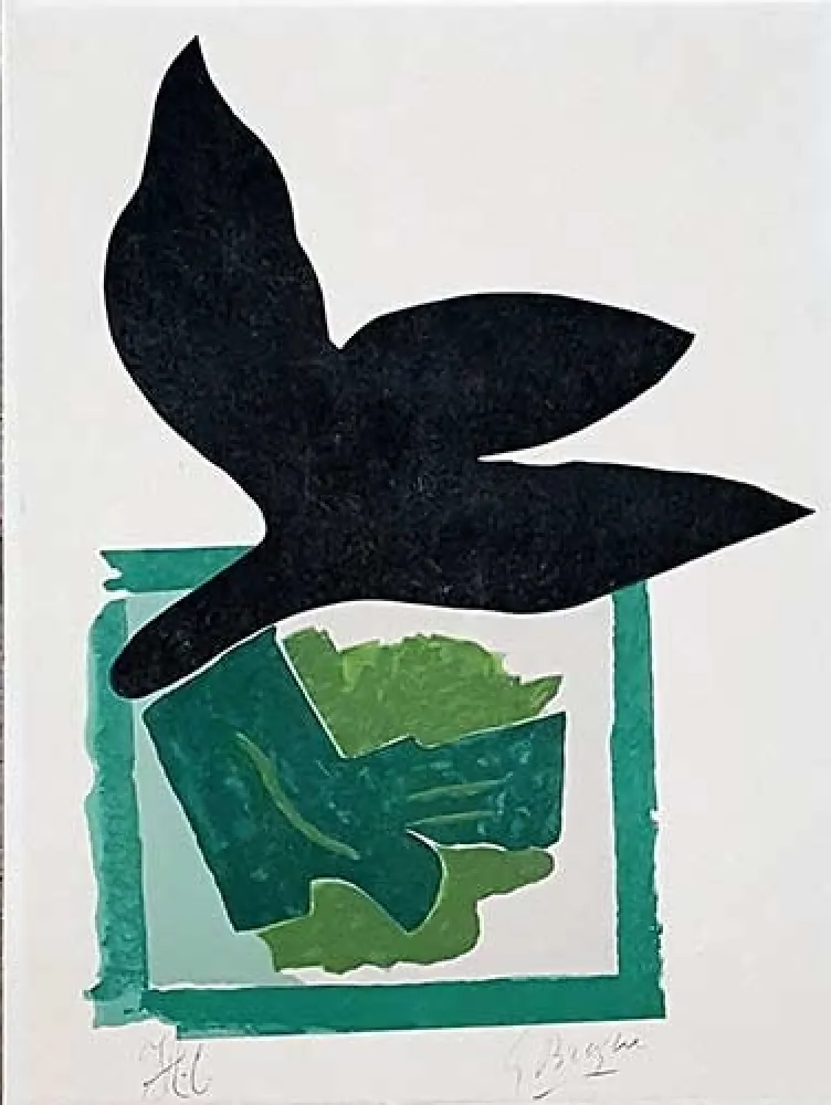 Houtsnede Braque - Oiseau noir sur fond vert