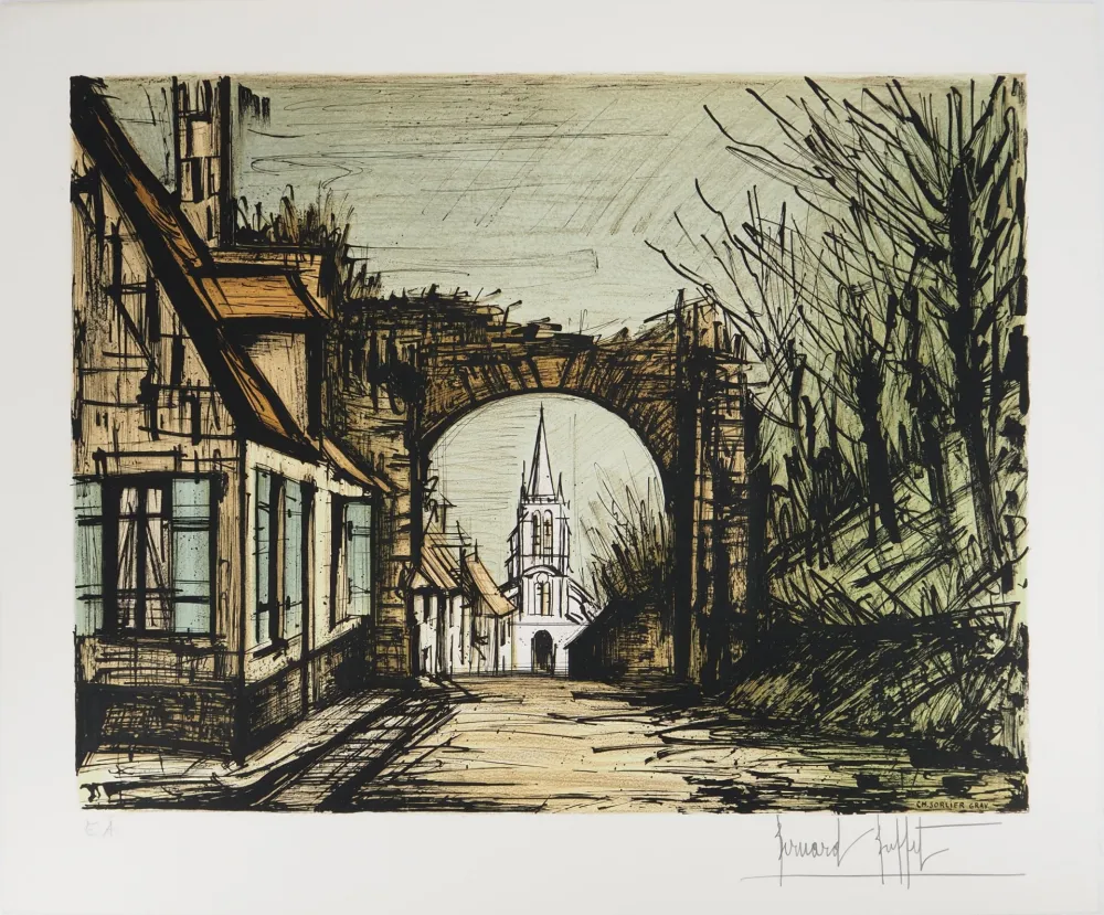 Lithografie Buffet - Montfort-l'Amaury : vue sur l'Eglise