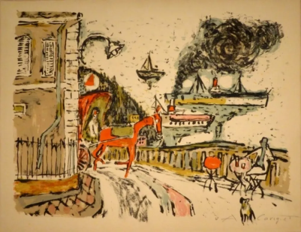 Lithografie Carigiet - Stadt am Meer