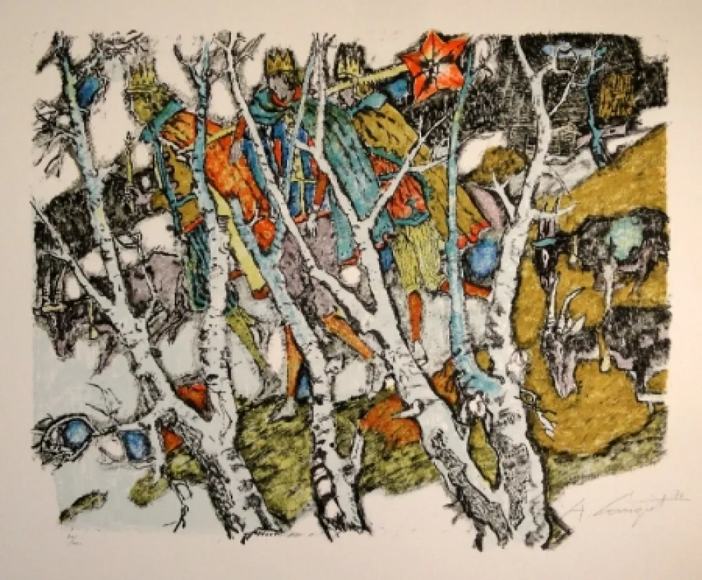 Lithografie Carigiet - Sternsinger  (Die Drei Könige hinter Birken)