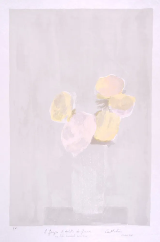 Lithografie Cathelin - Bouquet rose au fond gris - Pink bouquet on a grey background