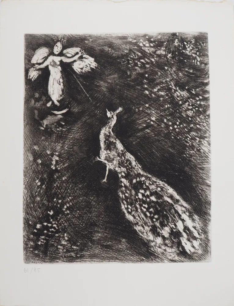 Gravure Chagall - L'ange et le paon (Le paon se plaignant  Junon)