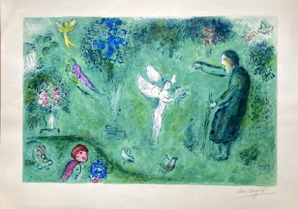 Lithografie Chagall - LE VERGER DE PHILETAS, signée à grandes marges (Daphnis et Chloé - 1961)