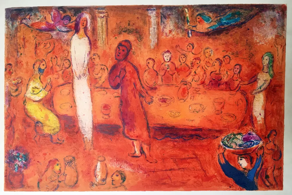 Lithografie Chagall - MÉGACLÈS RECONNAIT SA FILLE PENDANT LE FESTIN  (Daphnis & Chloé - 1961)