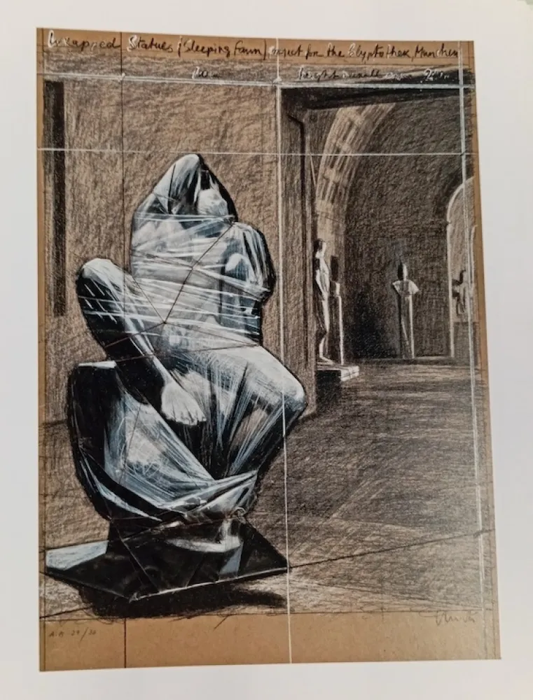 Zeefdruk Christo - Wrapped statues, sleeping Fawn. Project