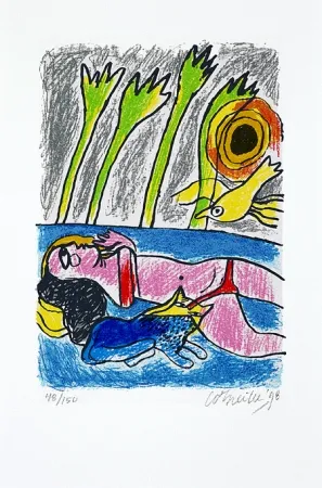 Zeefdruk Corneille - Femme et oiseau II