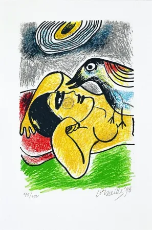 Zeefdruk Corneille - Femme et oiseaux II