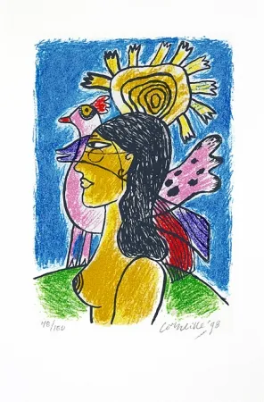 Zeefdruk Corneille - Femme et oiseaux II