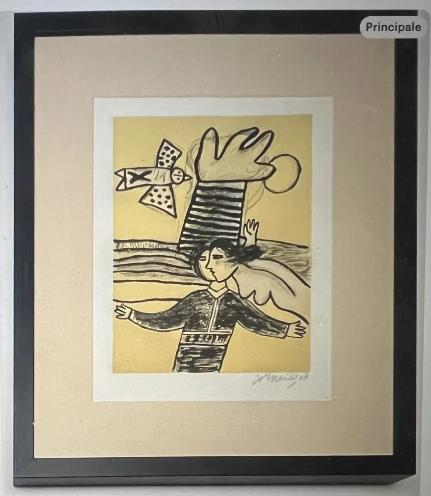 Lithografie Corneille - Lithographie encadrée Femme et oiseau  - A la plage 2002