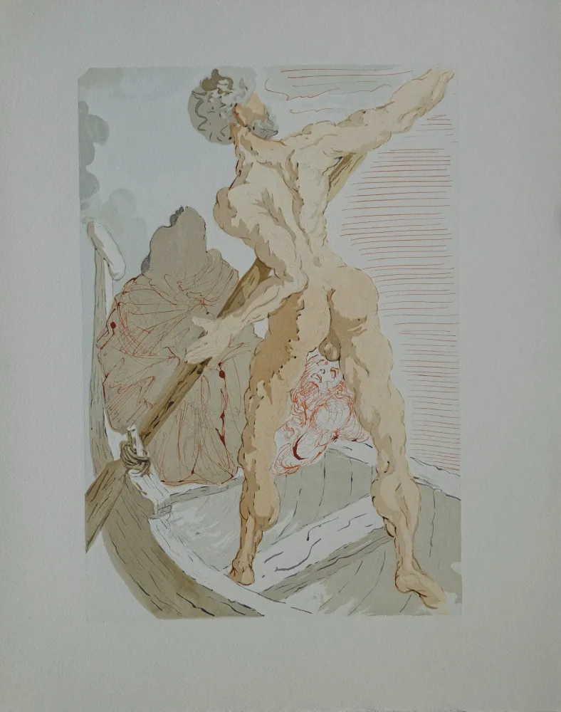 Houtsnede Dali - Divine Comédie, Enfer 3, Charon et le passage de l'Achéron