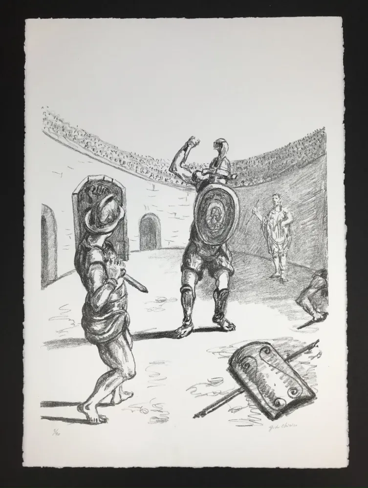 Lithografie De Chirico - Gladiatori nell'arena