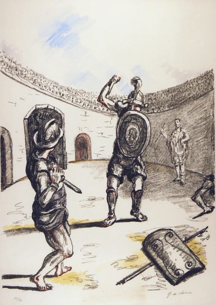 Lithografie De Chirico - Gladiatori nell'arena