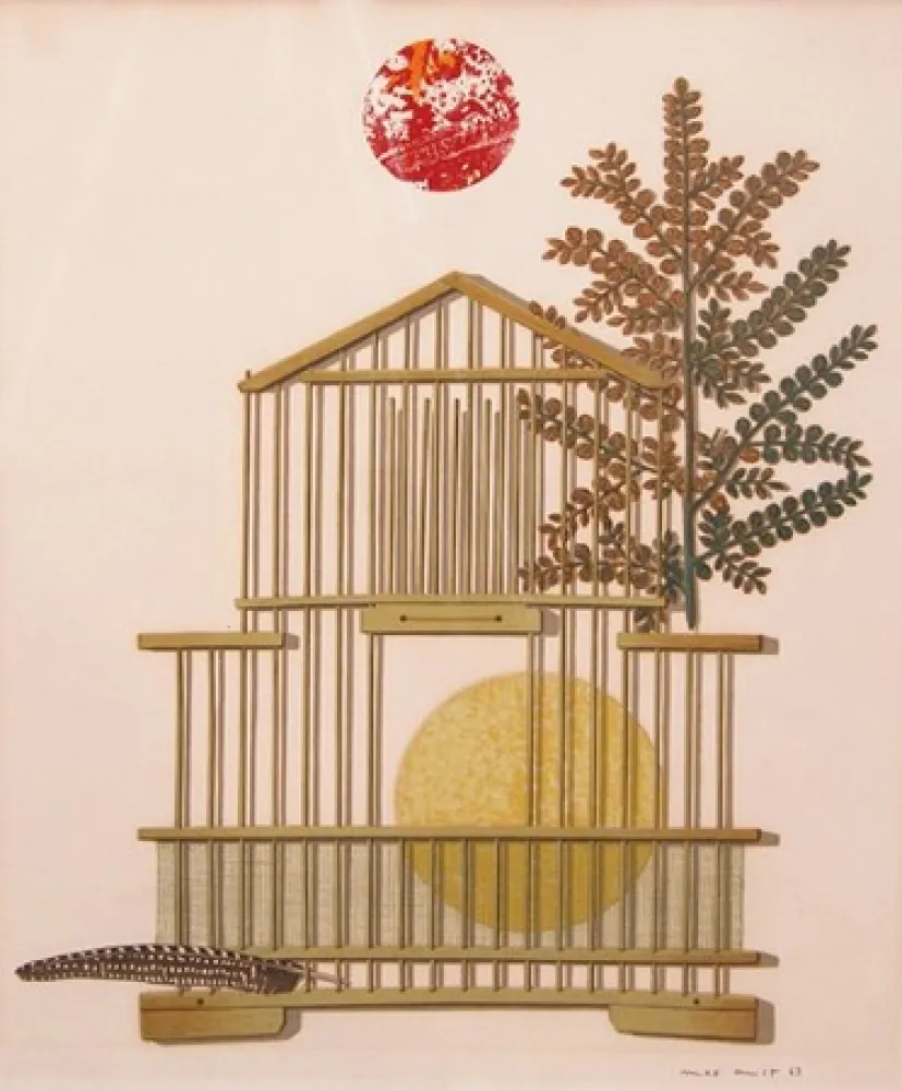 Lithografie Ernst - Bird Cage, Feather, Branch and Sun