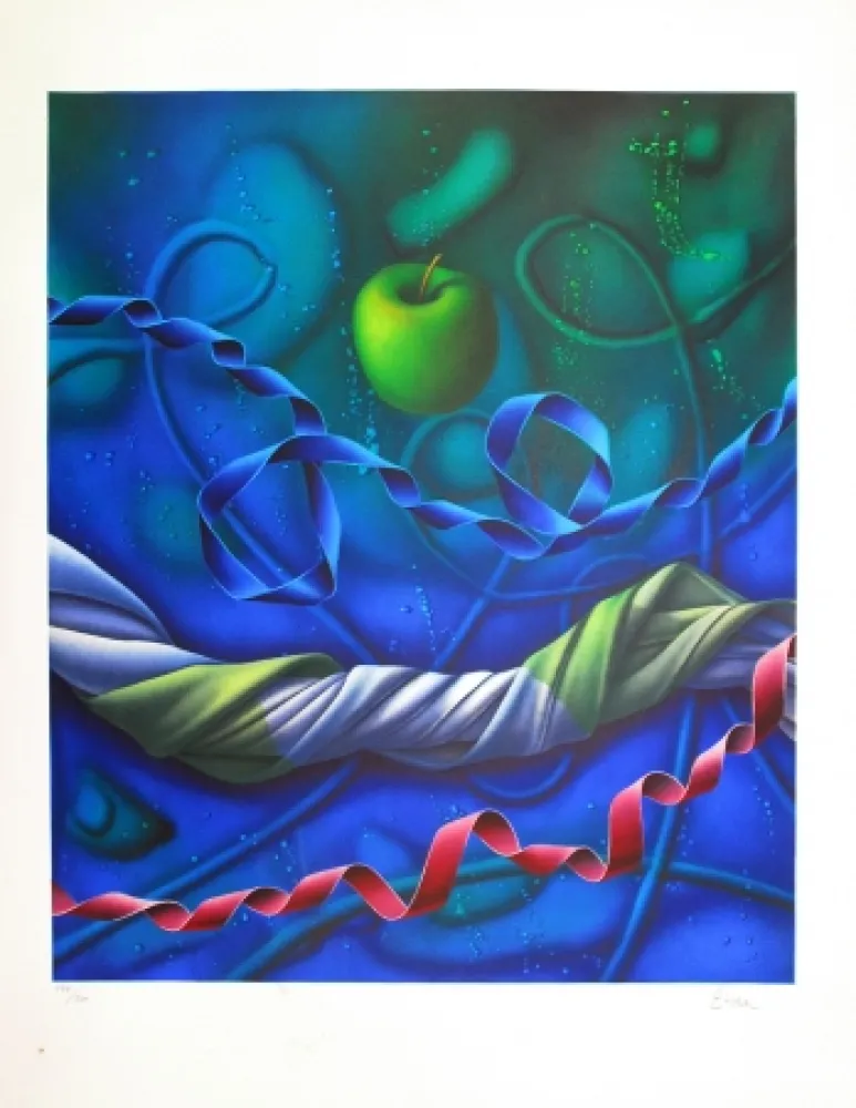 Lithografie Etien' - Pomme dans l'espace / Apple in Space