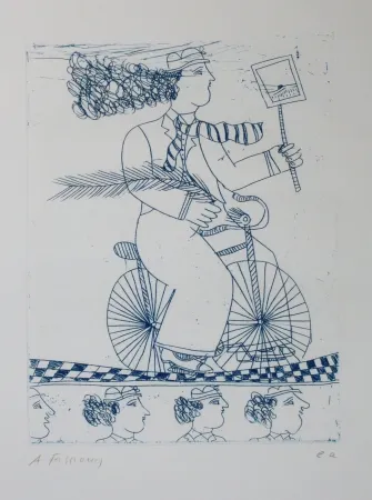 Ets En Aquatint Fassianos - Homme bleu au velo bleu