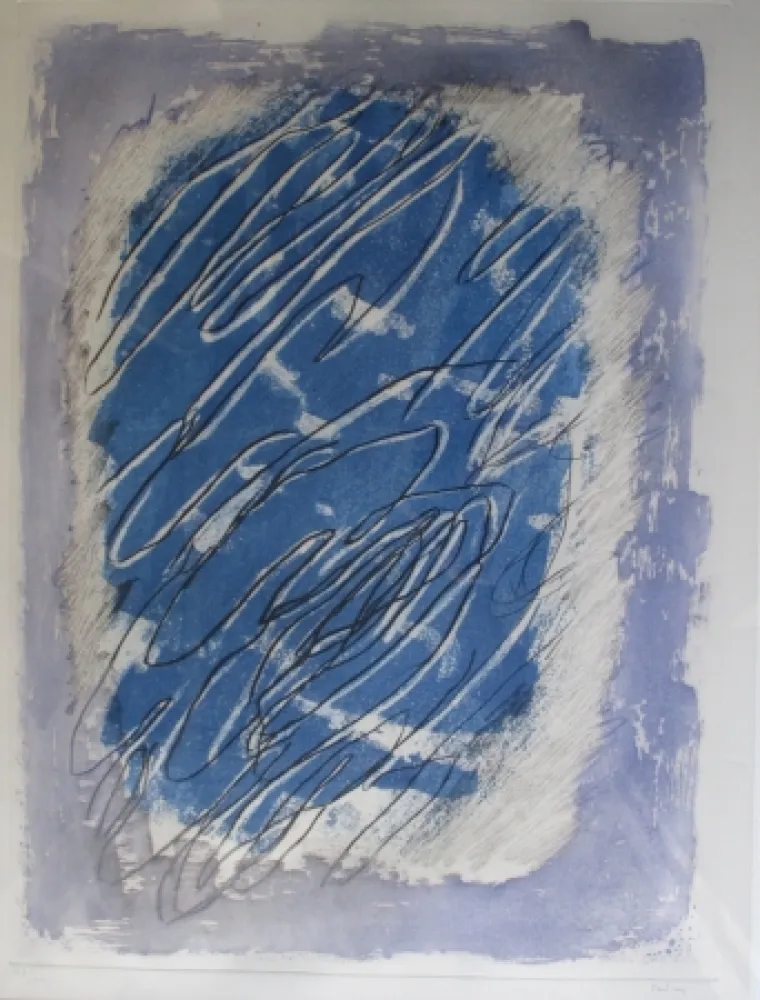 Aquatint Fautrier - Ecriture sur fond bleu