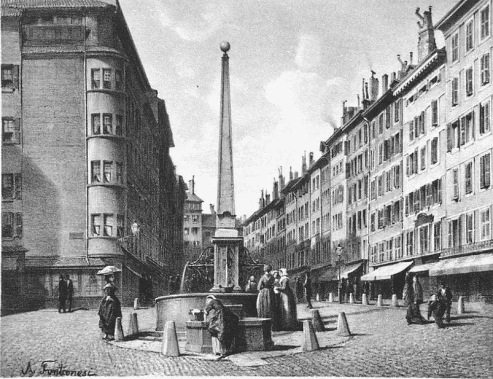 Lithografie Fontanesi - Fontaine et rue de Coutance