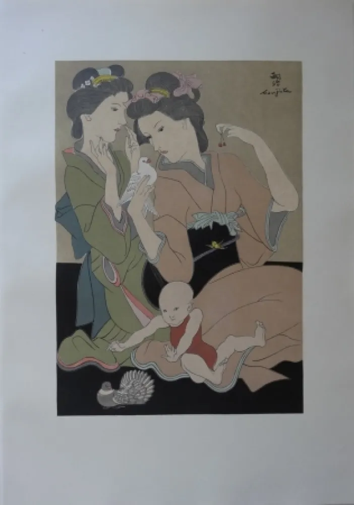Houtsnede Foujita - Geishas à la colombe
