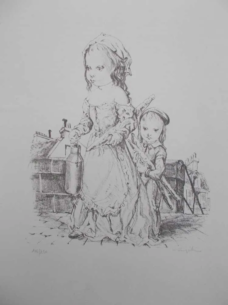Lithografie Foujita - La fille et l'enfant à la baguette de pain et au pot de lait