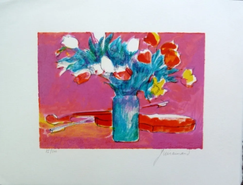 Lithografie Guiramand - Violon et Bouquet 