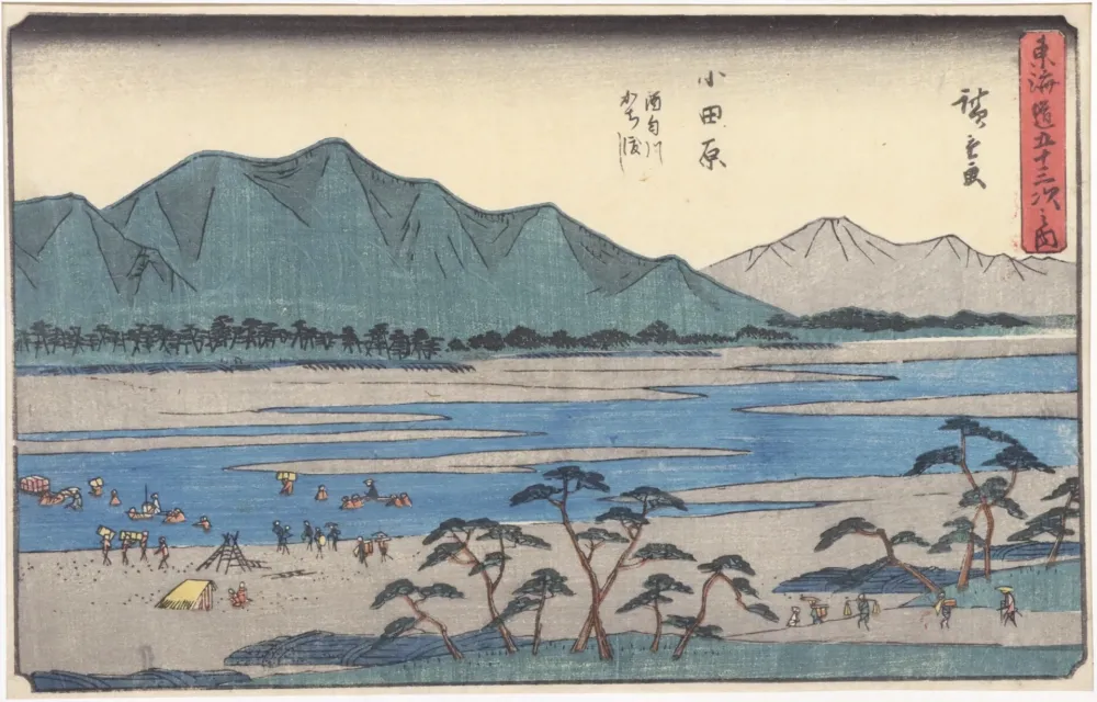 Houtsnede Hiroshige - Odawara : le traversée de la rivière Sakawa