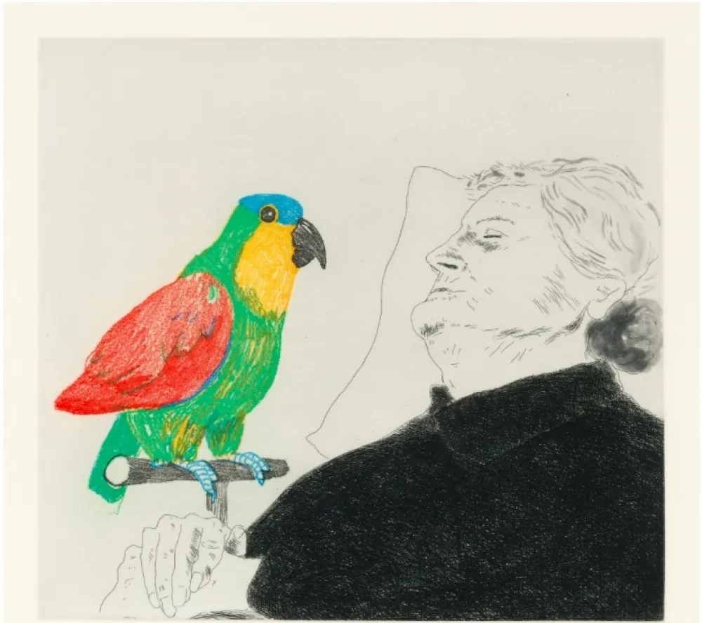 Ets Hockney -  Félicité sleeping with Parrot. 1974