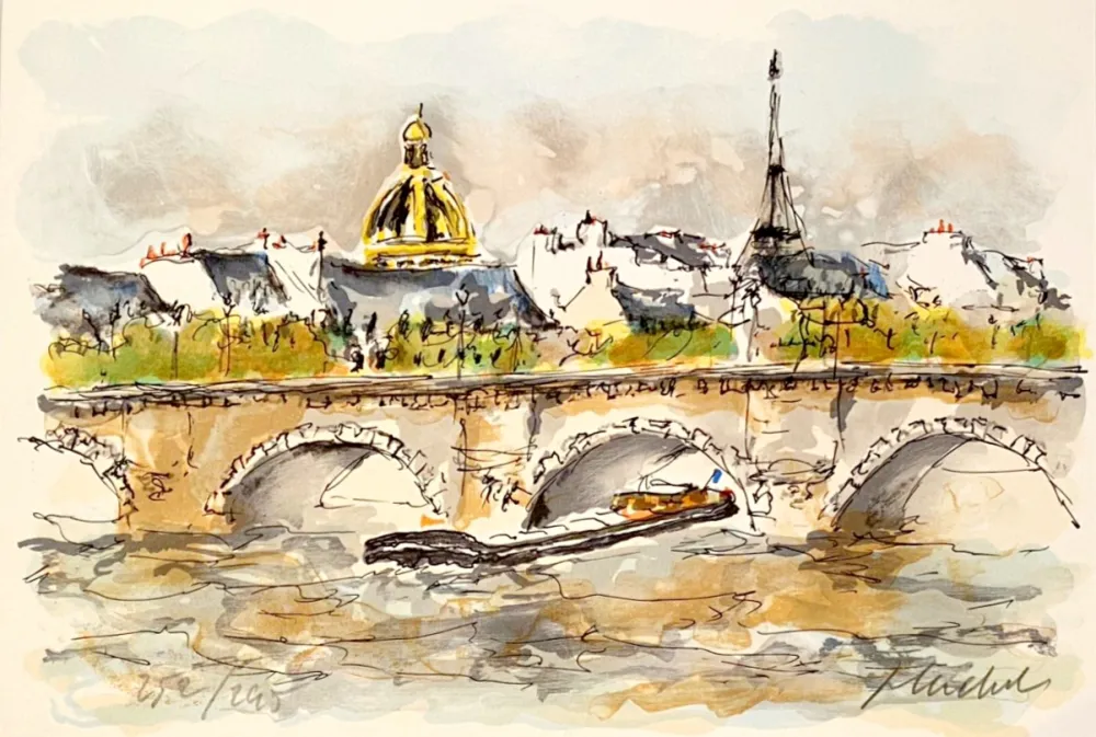 Lithografie Huchet - Seine et Tour Eiffel