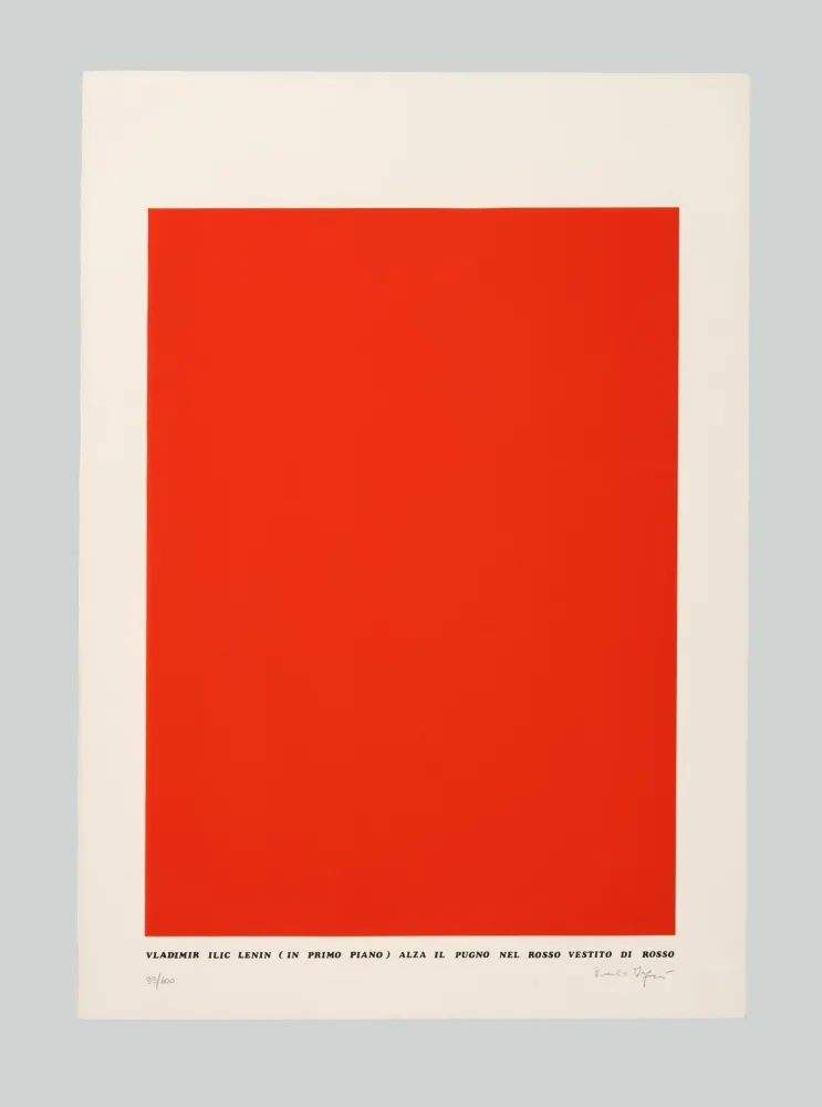 Zeefdruk Isgro - Vladimir Ilic Lenin (in primo piano) alza il pugno nel rosso vestito di rosso