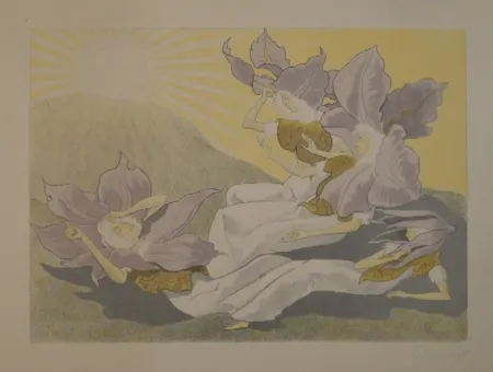 Lithografie Kreidolf - Der Blumen Erwachen. Vier liegende Clematis-Mädchen erwachen bei der aufgehenden Sonne. 