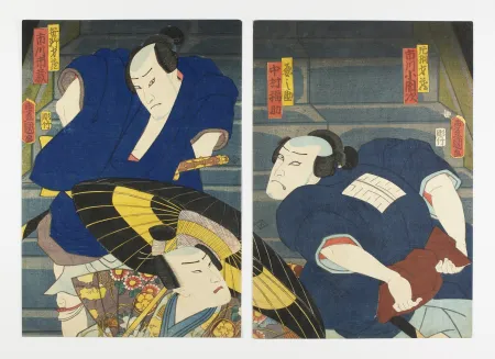 Houtsnede Kunisada - Kabuki theatre scene (Katagiri Saizō confronting Sasano Seizō on a staircase)