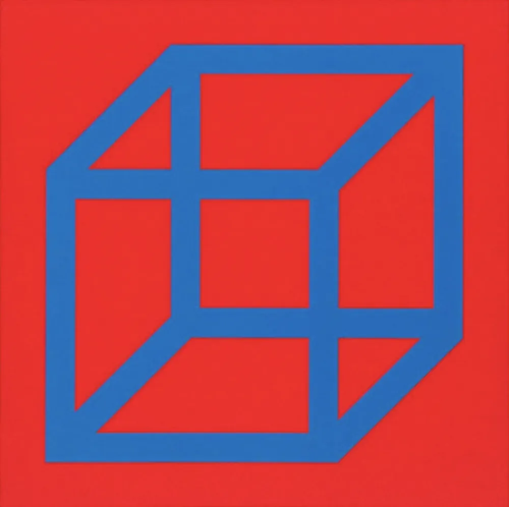 Linosnede Lewitt - Cubes in Color on Color (Red/Blue)