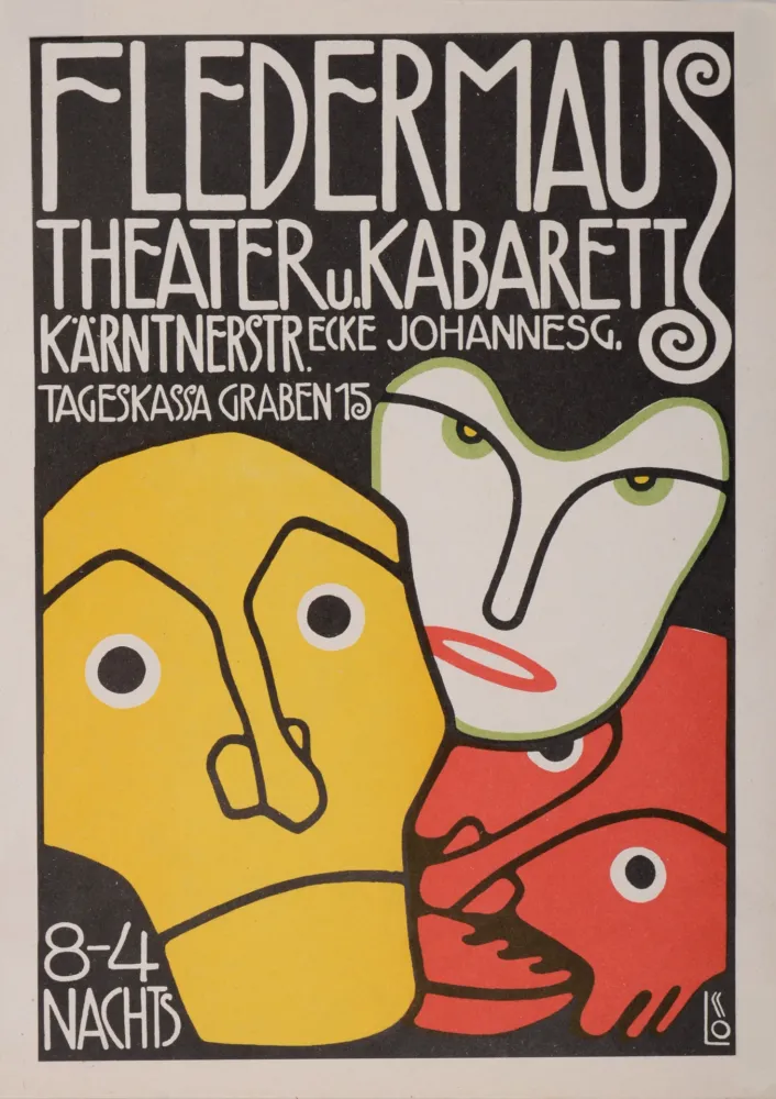 Lithografie Löffler - Three Masks, Fledermaus Theater and Cabaret, 1907