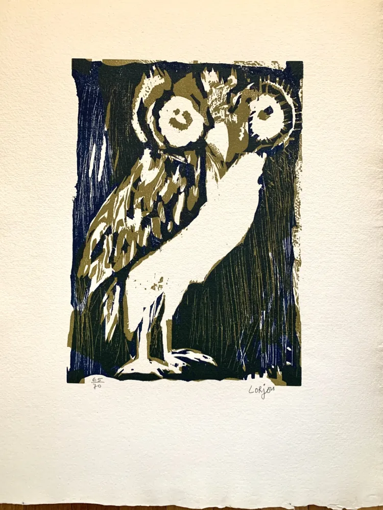 Houtsnede Lorjou -  Les animaux : Chouette verte 