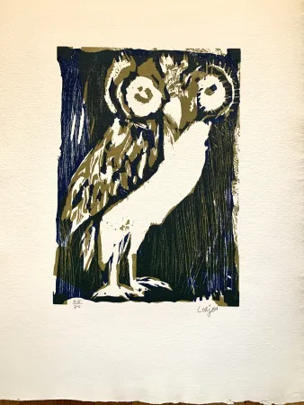 Houtsnede Lorjou -  Les animaux : Chouette verte 