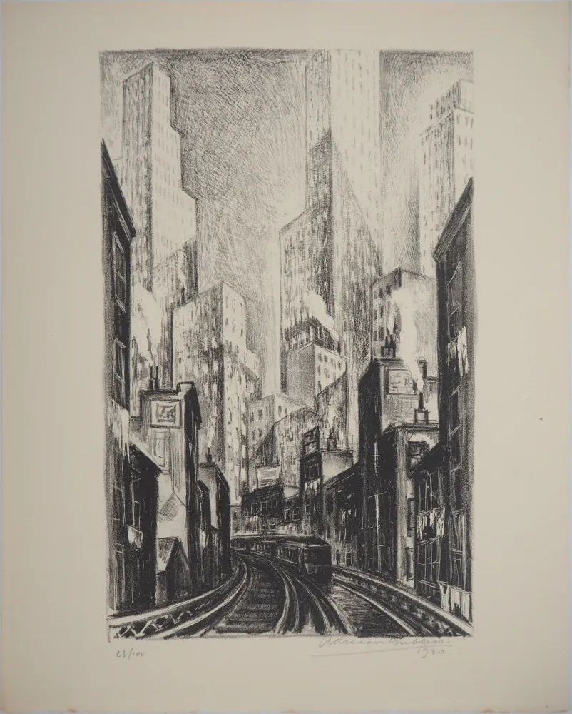 Lithografie Lubbers - New York : Subway at Chatham square
