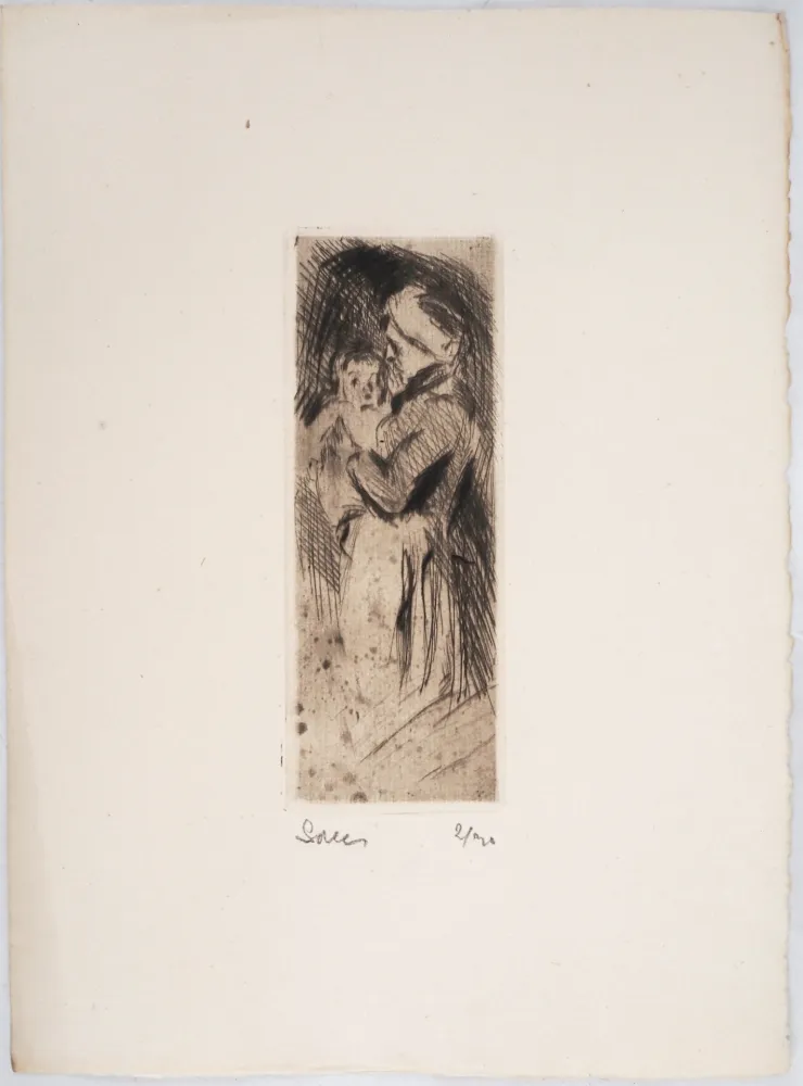 Droge Naald Luce - Maximilien LUCE -Grand-mère cajolant son petit-enfant Vers 1890 -Gravure originale signée
