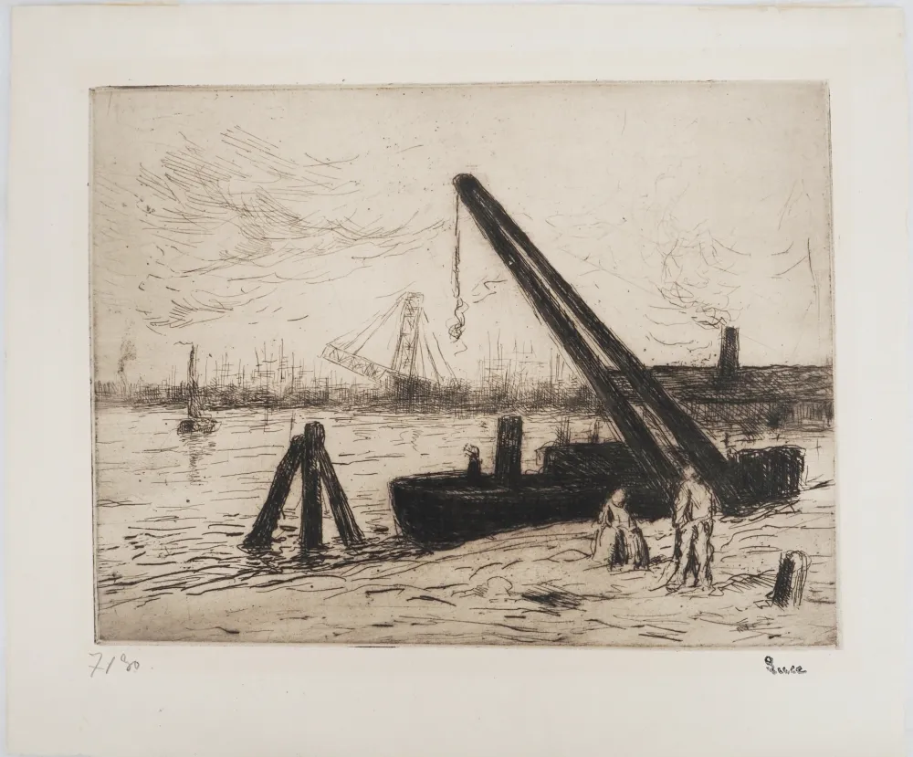 Droge Naald Luce - Maximilien LUCE - Rotterdam : La grue Vers 1890 - Gravure originale signée