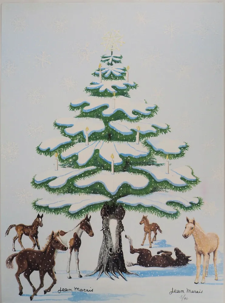 Lithografie Marais  - Sapin de Noel enneigé et Chevaux
