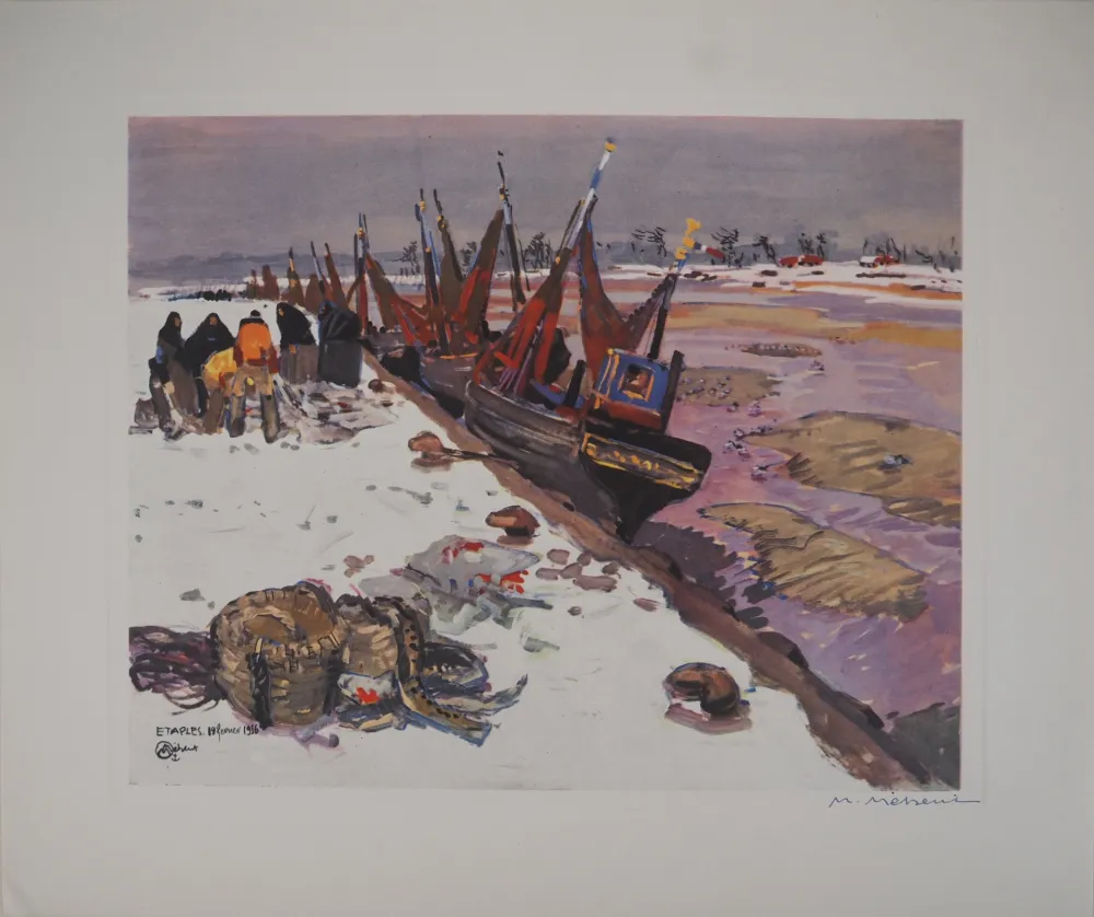 Heliogravure Méheut - Bretagne : Le Port d'Etaples sous la Neige