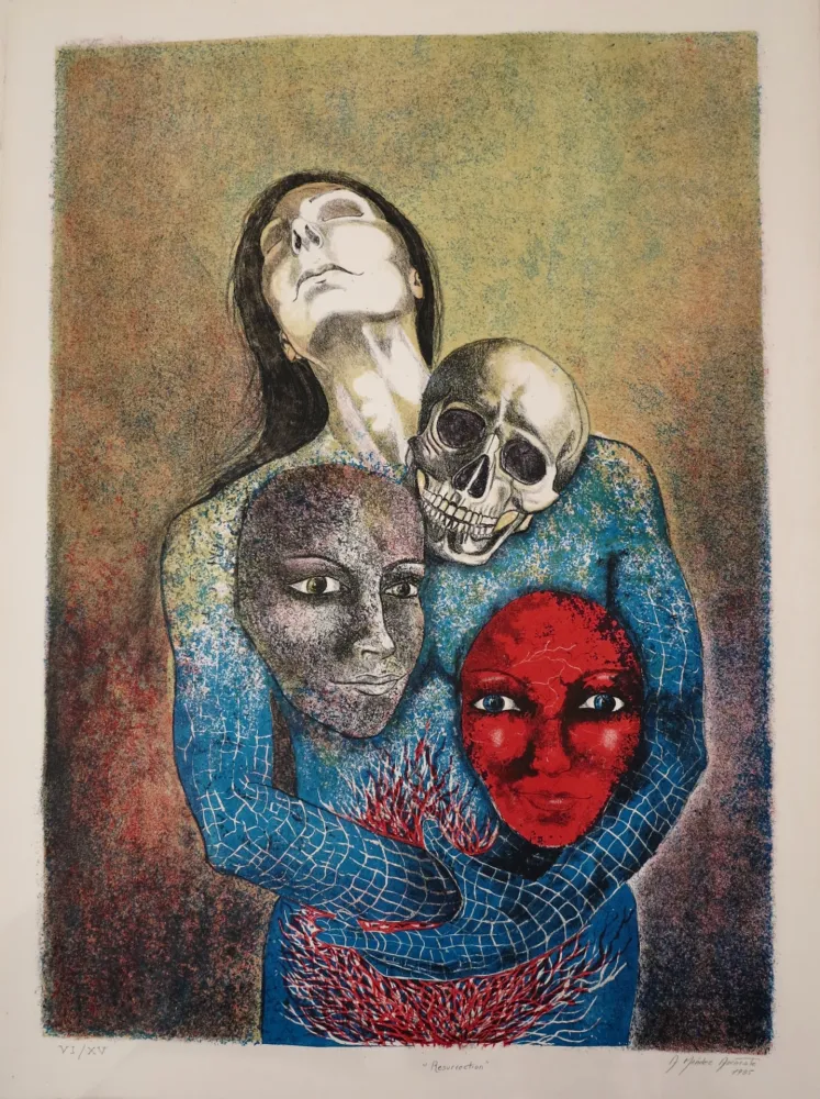 Lithografie Mendez Azcarate - Resurrección en rojo y azul
