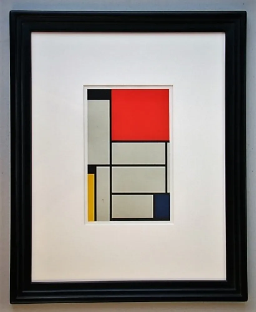 Lithografie Mondrian - Compositie met rood, geel, blauw, zwart en grijs