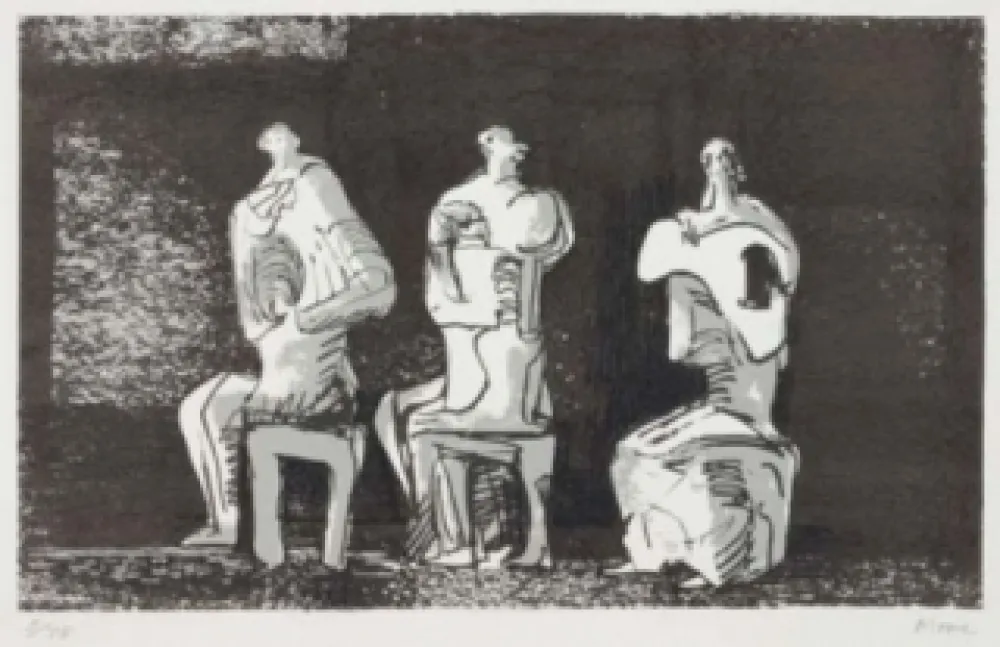Lithografie Moore - Three seated figures in setting