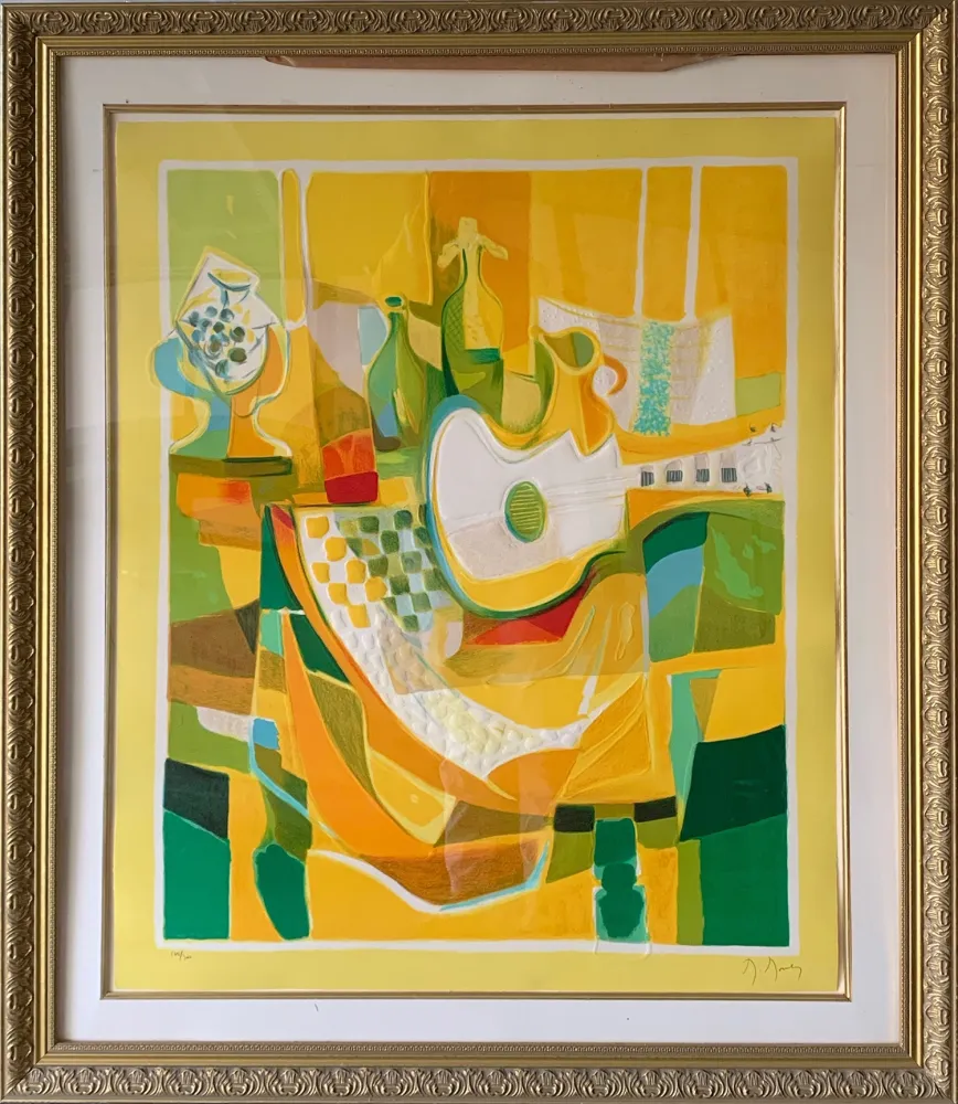Ets En Aquatint Mouly - Still Life in Yellow with Guitar