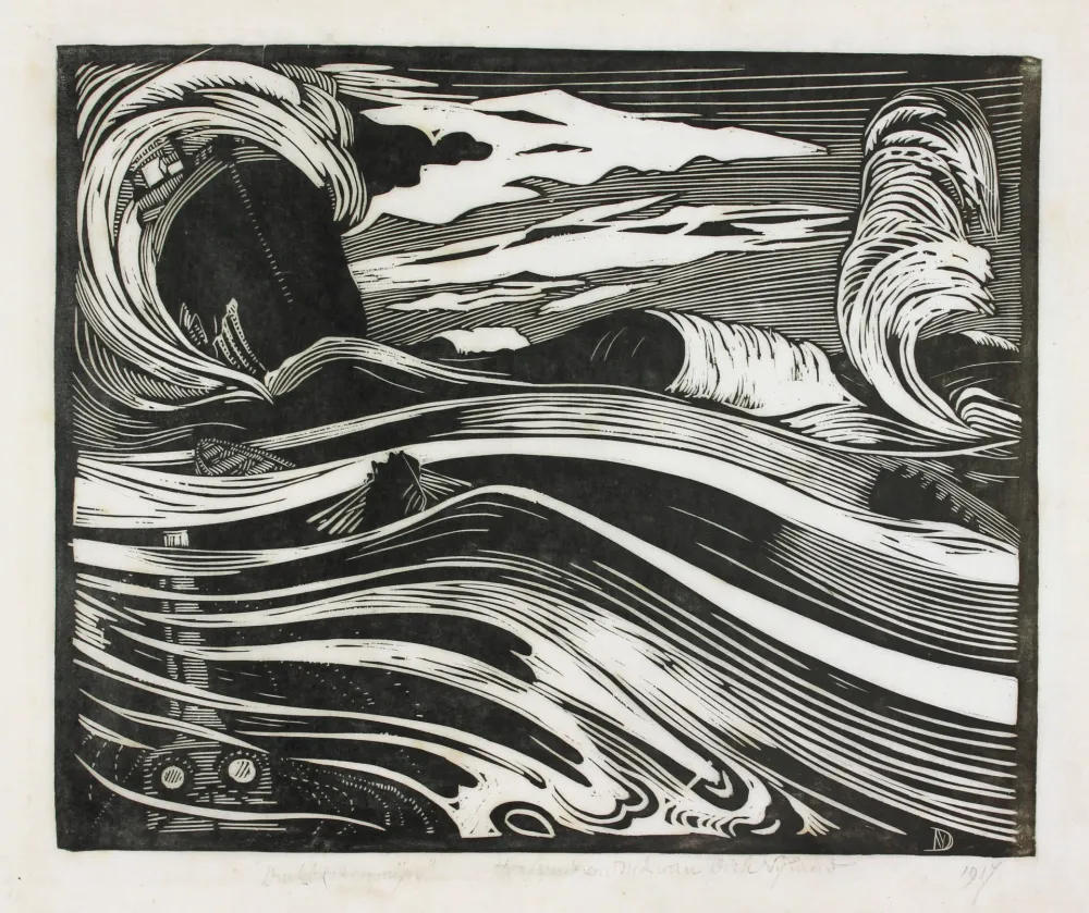 Houtsnede Nijland - Duikboot en mijn (Submarine and Mine)