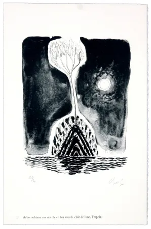 Lithografie Nørgaard - B. Abre solitaire sur une ile sous le clair de lune, l'espoir