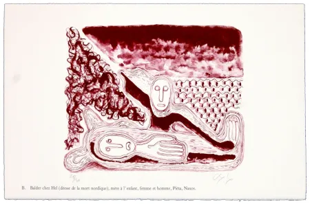 Lithografie Nørgaard - B. Balder chez Hel (déesse de la mort nordique), mère de l'enfant, femme et homme, Piéta, Naxos